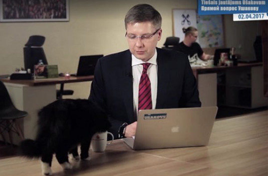 Выступление мэра Риги в прямом эфире прервал кот (ВИДЕО)
